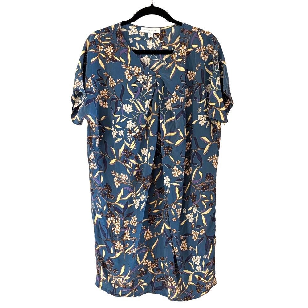 Amour Vert 100% Silk Shift Dress Size S  Floral Botanical Teal Made in USA Chic